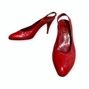 Vintage Charles Jourdan Red Leather Slingback Pumps,  Size 8 1/2, 80s